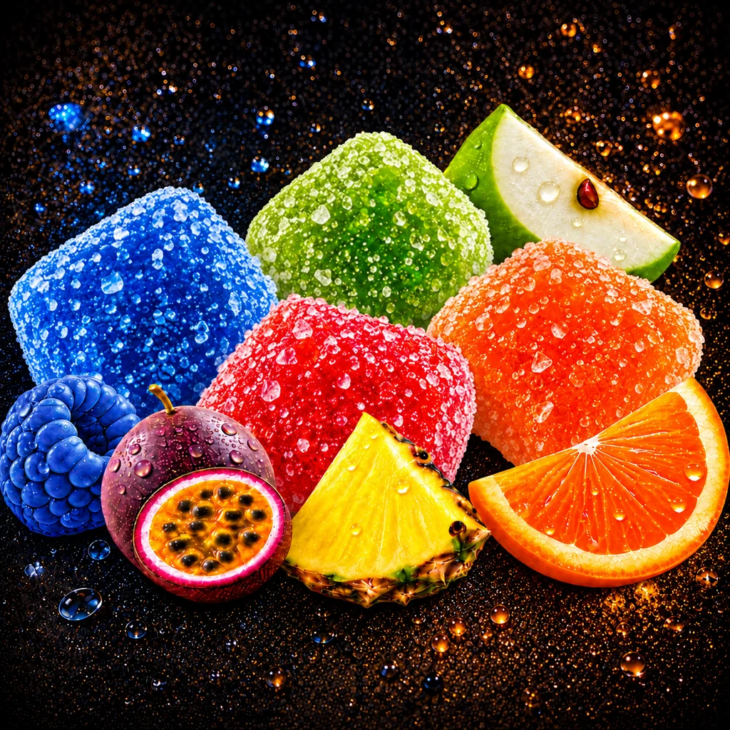 Gumtion gummy artwork: Blue Raspberry, Red Fruit Punch, Sour Green Apple and Orange cubes with fruit and sour crystals