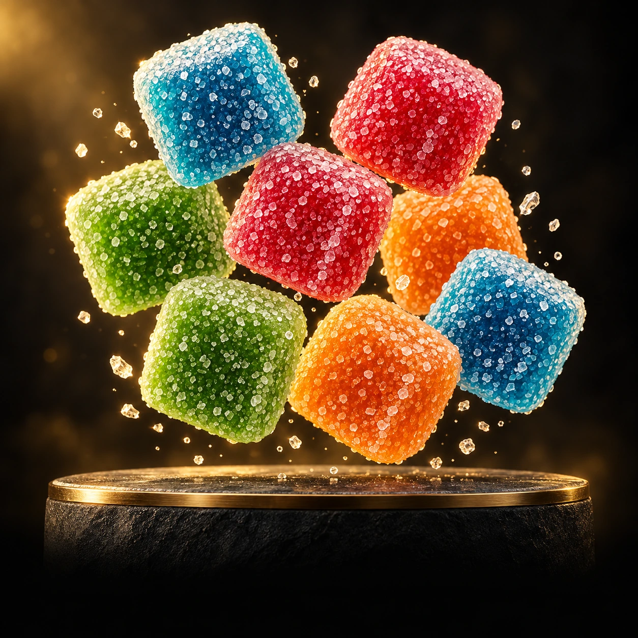 Blue, red, green and orange Gumtion sour gummy cubes above a charcoal and gold pedestal