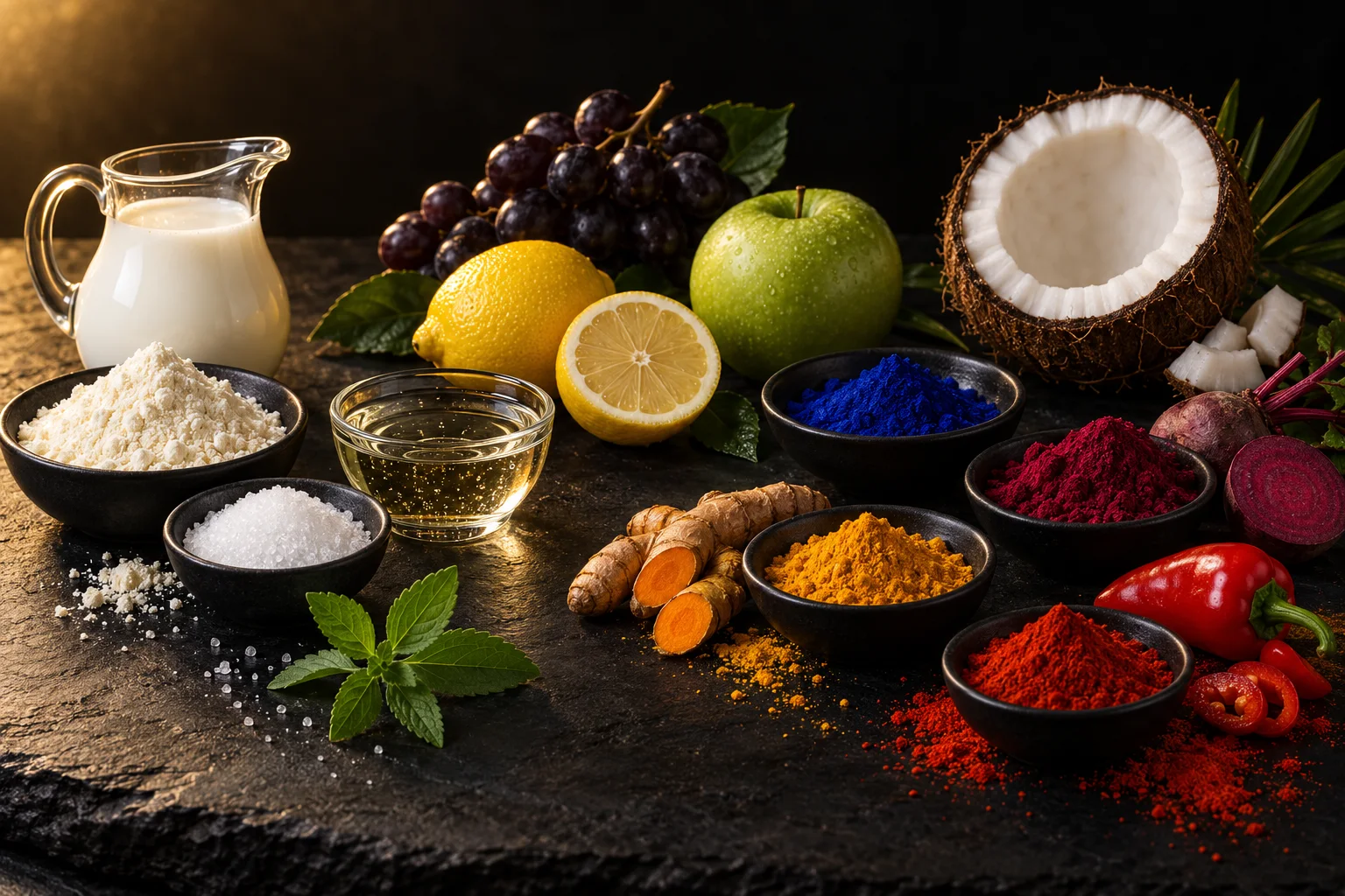 Illustrative arrangement of milk, powders, syrup, fruit, coconut and color ingredients on black slate