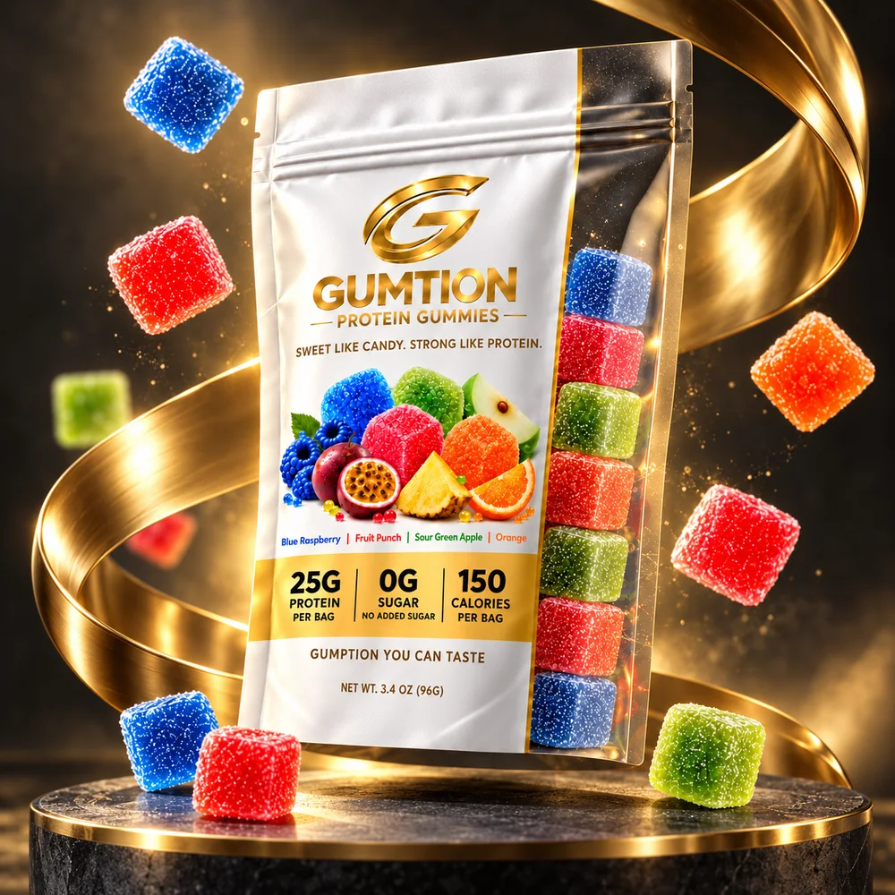 GUMTION white pouch of sour protein gummies on a dark pedestal with a gold ribbon and floating sour cubes